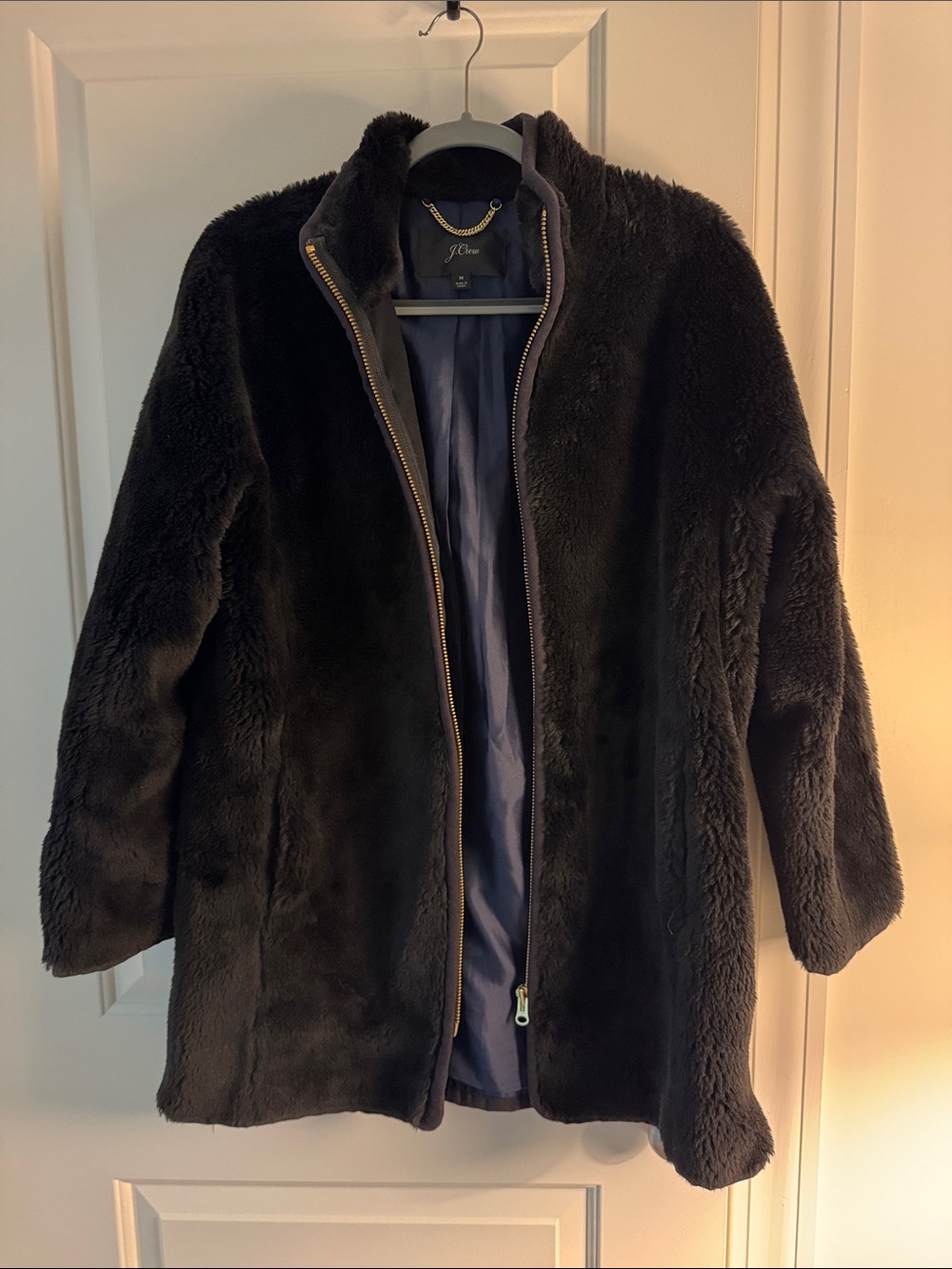 J. Crew Black Faux Fur Zip-Front Coat